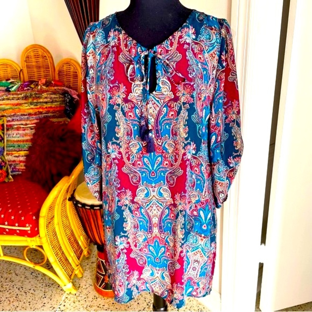 TOLANI NEW! Silk Burgundy Blue Print Dress! Excellent. Long Sleeve. Med
